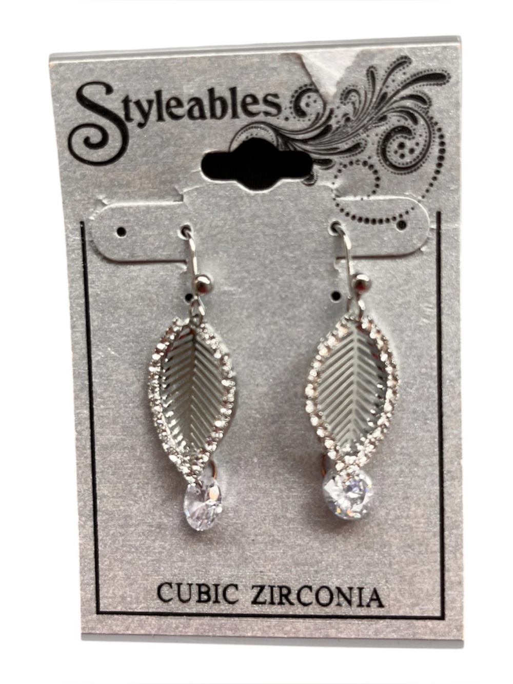 Silver Leaf Drop Earrings with Cubic Zirconia